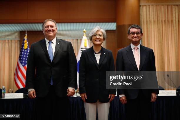 Secretary of State Mike Pompeo attends with South Korean Foreign Minister Kang Kyung-wha and Japanese Foreign Minister Taro Kono before their meeting...