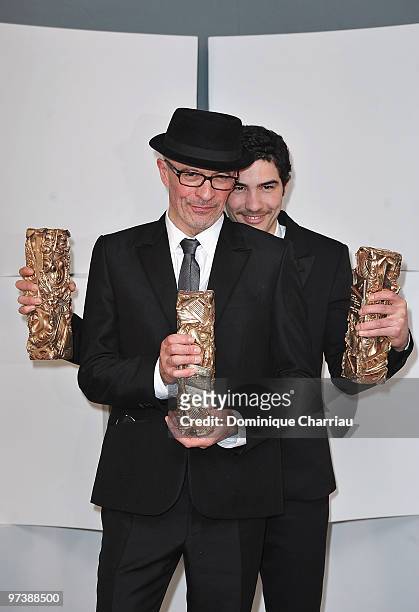 Designer Jacques Audiard and Actor Tahar Rahim pose in Awards Room during 35th Cesar Film Awards at Theatre du Chatelet on February 27, 2010 in...