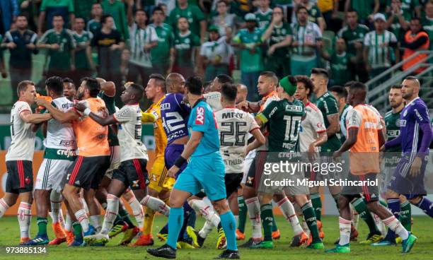 Palmeiras and Flamengo team players fight during a match for the Brasileirao Series A 2018 at Allianz Parque Stadium on June 13, 2018 in Sao Paulo,...