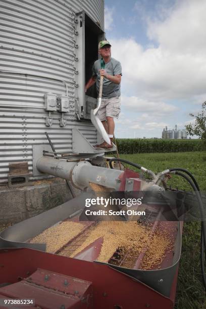 Farmer John Duffy loads soybeans from his grain bin onto a truck before taking them to a grain elevator on June 13, 2018 in Dwight, Illinois. U.S....