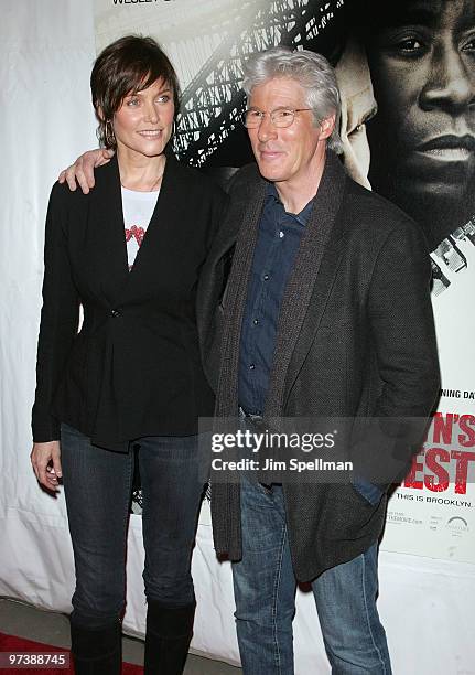 Actors Richard Gere and Carey Lowell attends the premiere of "Brooklyn's Finest" at AMC Loews Lincoln Square 13 theater on March 2, 2010 in New York...