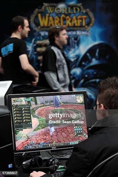 Visitors play World of WarCraft in the gaming hall at the CeBIT Technology Fair on March 3, 2010 in Hannover, Germany. CeBIT will be open to the...