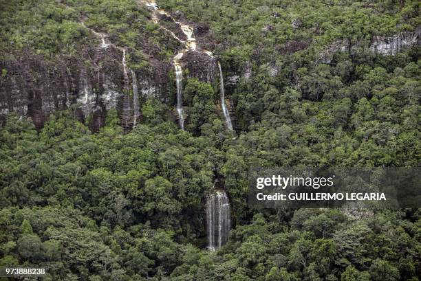 Aerial view of the Serrania de Chiribiquete, located in the Amazonian jungle departments of Caqueta and Guaviare, Colombia, on June 7, 2018. - The 2...