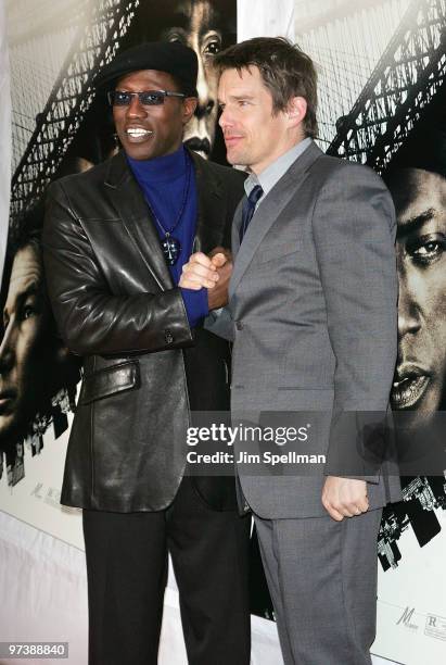 Actors Wesley Snipes and Ethan Hawke attend the premiere of "Brooklyn's Finest" at AMC Loews Lincoln Square 13 theater on March 2, 2010 in New York...