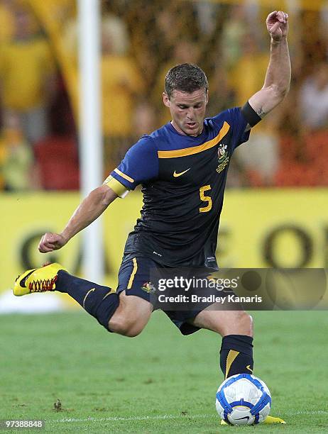 Jason Culina of Australia looks to pass during the Asian Cup Group B qualifying match between the Australian Socceroos and Indonesia at Suncorp...