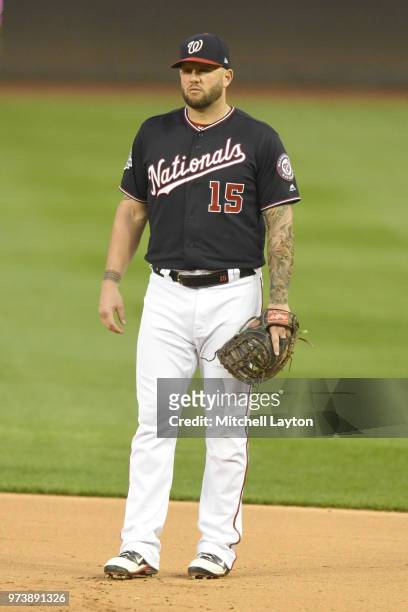 Matt Adams of the Washington Nationals looks on during a baseball game against the Tampa Bay Rays at Nationals Park on June 5, 2018 in Washington,...