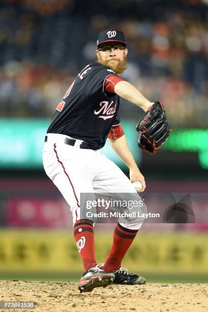 Sean Doolittle of the Washington Nationals pitches during a baseball game against the Tampa Bay Rays at Nationals Park on June 5, 2018 in Washington,...