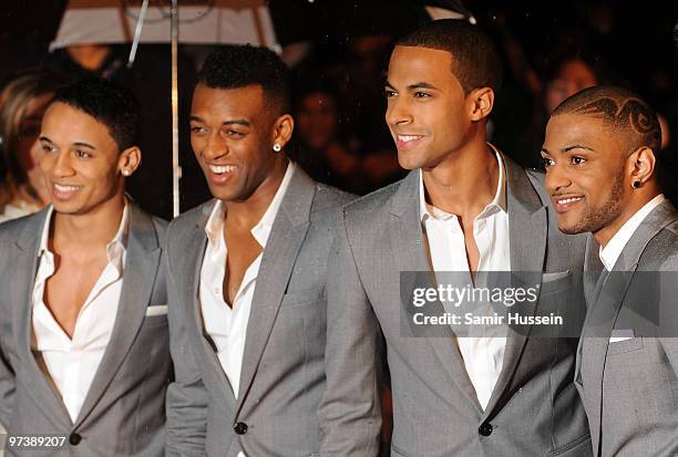 Aston Merrygold, Oritse Williams, Marvin Humes and Jonathon 'JB' Gill of JLS arrive for the BRIT Awards 2010, at Earls Court, London. Arrive for the...