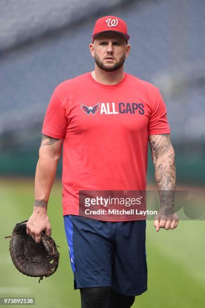 Matt Adams of the Washington Nationals looks on during batting practice of a baseball game against the Tampa Bay Rays at Nationals Park on June 5,...