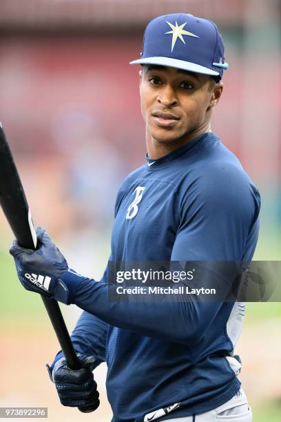 Mallex Smith of the Tampa Bay Rays looks on during batting practice of a baseball game against the Washington Nationals at Nationals Park on June 5,...