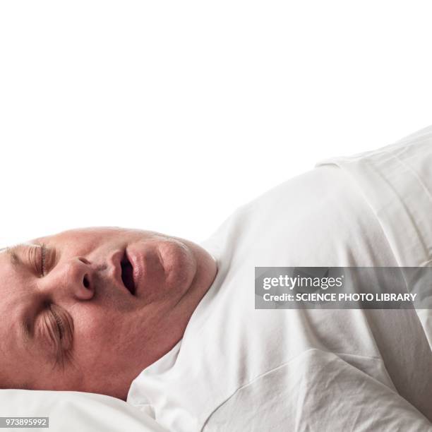 overweight man lying down asleep - schnarchen mann stock-fotos und bilder