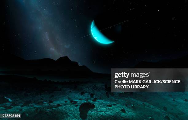 uranus seen from titania, illustration - uranus stock-grafiken, -clipart, -cartoons und -symbole