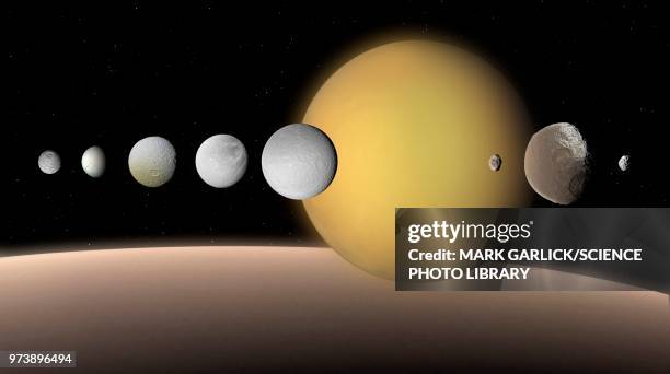 moons of saturn, illustration - saturn stock-grafiken, -clipart, -cartoons und -symbole