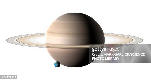 earth compared to saturn, illustration - saturn planet stock-grafiken, -clipart, -cartoons und -symbole