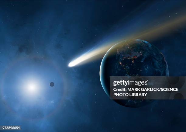 ilustrações de stock, clip art, desenhos animados e ícones de comet and earth, illustration - cometa