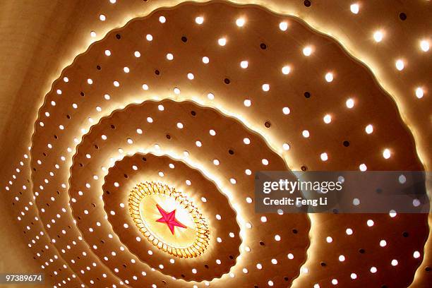 General view of the ceiling of the Great Hall of the People during the opening session of the annual Chinese People's Political Consultative...