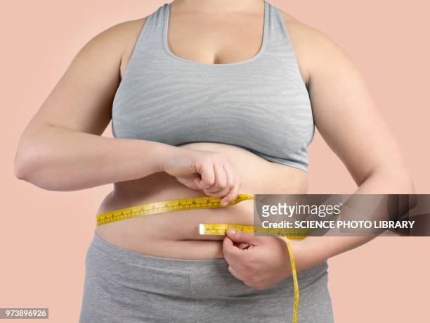 overweight woman measuring waist - human abdomen stock pictures, royalty-free photos & images