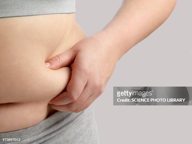 overweight woman holding body fat - dicker bauch stock-fotos und bilder