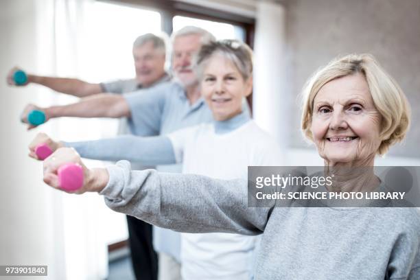 seniors holding hand weights - hand weight ストックフォトと画像