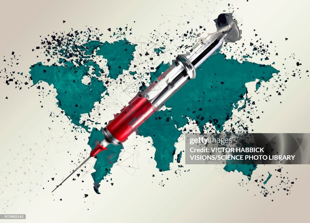 World map with syringe, illustration