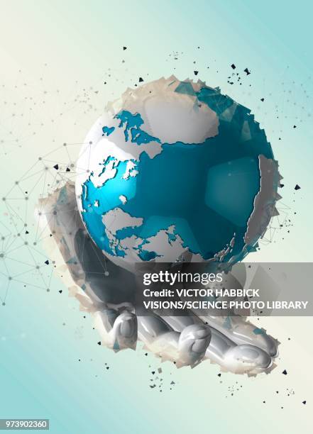 android hand holding planet earth, illustration - victor habbick stock-grafiken, -clipart, -cartoons und -symbole