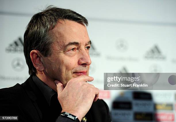 Wolfgang Niersbach , General Secretary of the DFB ponders during a press conference for the German national football team on March 2, 2010 in Munich,...