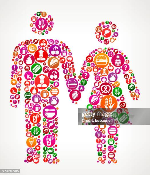 couple holding hands food and diet vector icon background - hand holding pretzel stock illustrations
