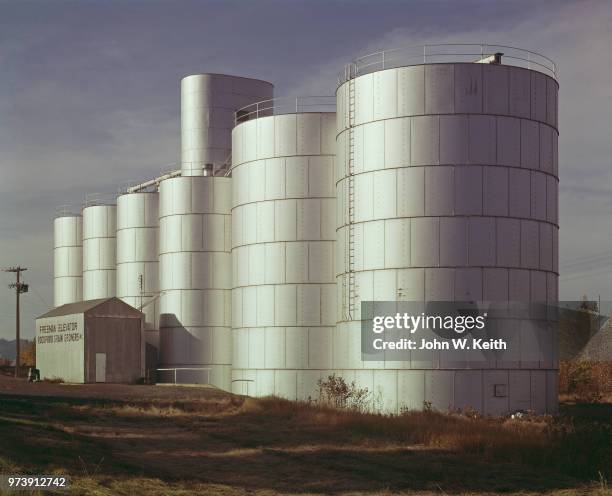 Steel grain silos and a grain elevator at the Freeman Elevator grain-handling site, owned by Rockford Grain Growers inc and built in 1955,...