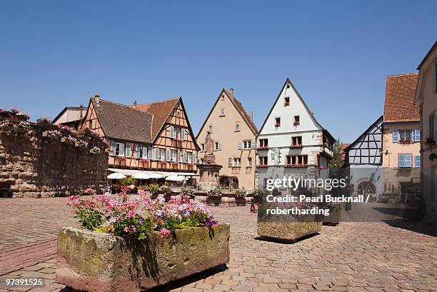 flower tubs in place du chateau square in medieval village on the wine route, eguisheim, alsace, haut rhin, france, europe - haut rhin stock pictures, royalty-free photos & images