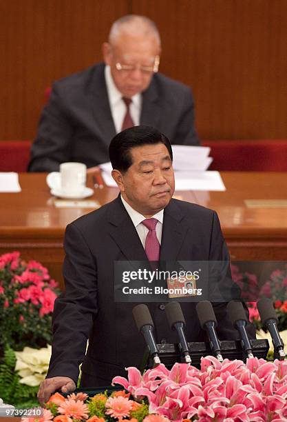 Jia Qinglin, chairman of the Chinese People's Political Consultative Conference , bottom, speaks during the CPPCC at the Great Hall of the People in...