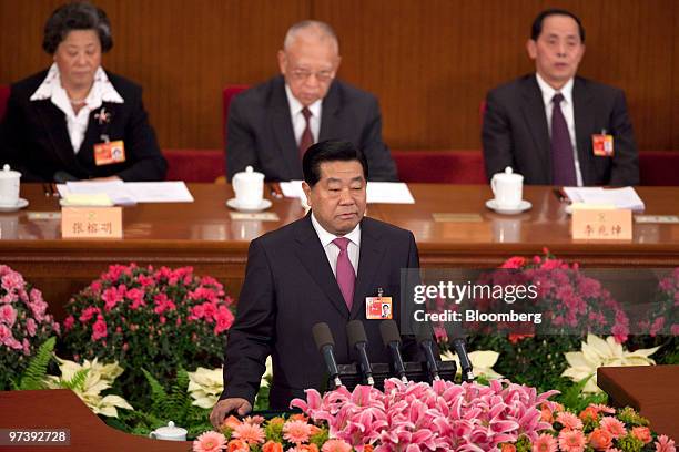 Jia Qinglin, chairman of the Chinese People's Political Consultative Conference , bottom, speaks during the CPPCC at the Great Hall of the People in...