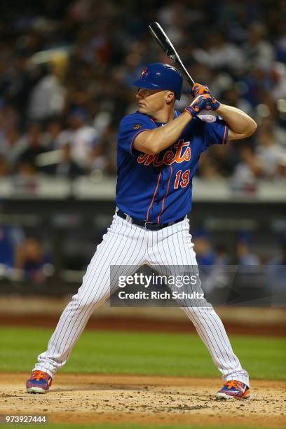 Jay Bruce of the New York Mets in action against the New York Yankees during a game at Citi Field on June 10, 2018 in the Flushing neighborhood of...