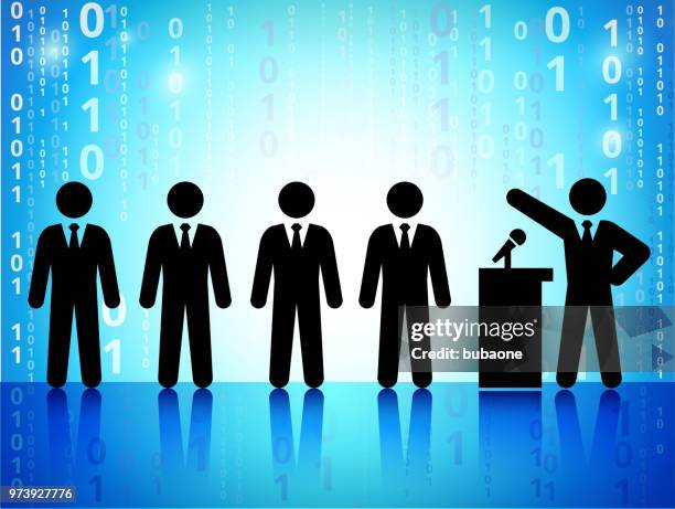 businessmen with microphone on on binary code blue background - recording in progress stock illustrations