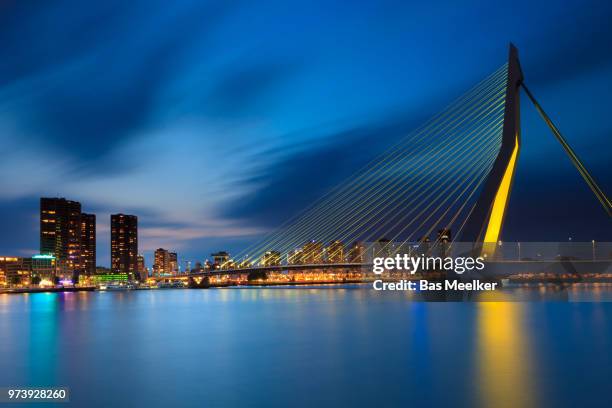 skyline of rotterdam by night with the erasmusbrug - erasmusbrug stock pictures, royalty-free photos & images