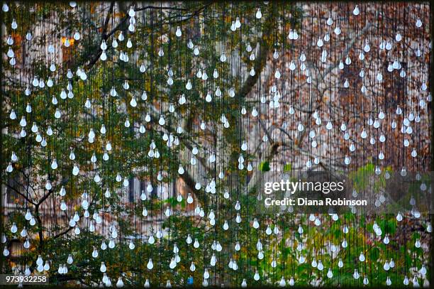 installation with hanging light bulbs, madison square park, new york city, usa - installation art stock pictures, royalty-free photos & images