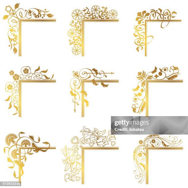ilustraciones, imágenes clip art, dibujos animados e iconos de stock de broche de oro frontera marco de esquina vintage - gradients collection