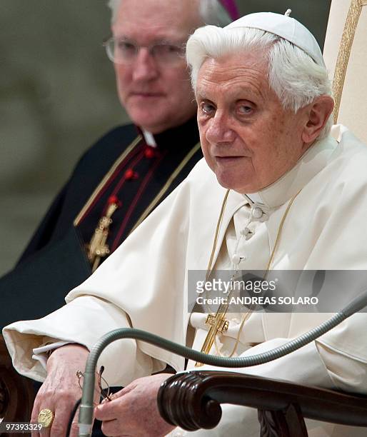 Pope Benedict XVI looks the faithful gathered in Aula Paolo VI at the Vatican during his weekly general audience on March 3, 2010 . Pope Benedict XVI...