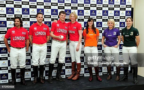 Henry Brett, Jamie Morrison, Jack Kidd, Jodie Kidd, Kirsty Craig, Lucy Field and Sarah Wiseman attend a launch photocall for Polo In The Park on...