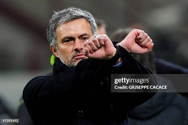 Inter Milan's Portuguese coach Jose Mourinho gestures during their Serie A football match Inter Milan vs Sampdoria at San Siro Stadium in Milan on...