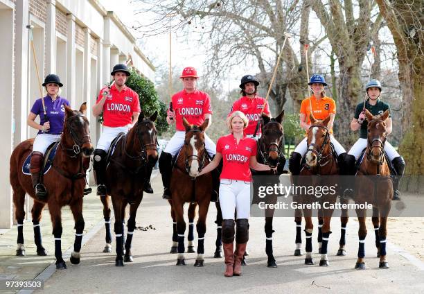 Lucy Field, Jamie Morrison, Jack Kidd, Jodie Kidd, Henry Brett,Kirsty Craig and Sarah Wiseman attend a launch photocall for Polo In The Park on March...