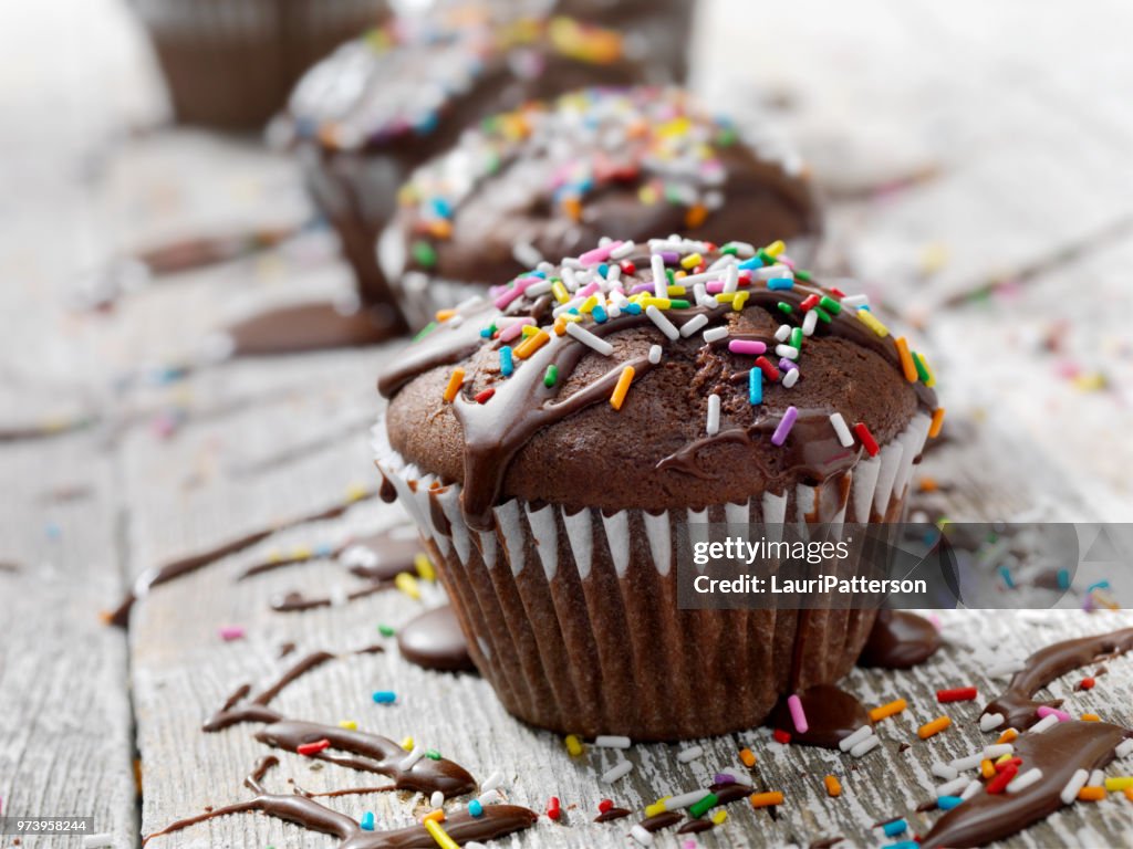 Cupcakes de chocolate con glaseado de chocolate y Sprinkles