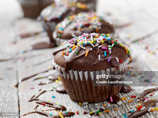 chocolate cupcakes with fudge icing and sprinkles - fudge sauce stock pictures, royalty-free photos & images