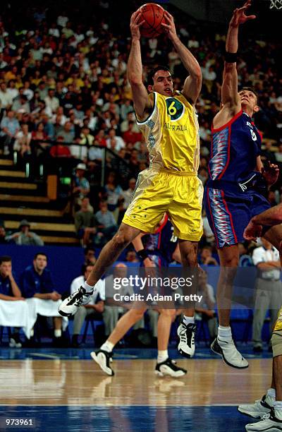 Sam Mackinnon of Australia in action during the Men's Basketball match between Australia and Russia held at the Sydney Superdome during the Sydney...