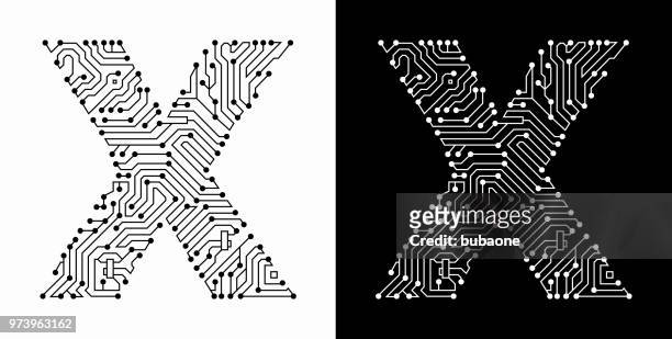 ilustrações de stock, clip art, desenhos animados e ícones de letter x in black and white circuit board font - letra x