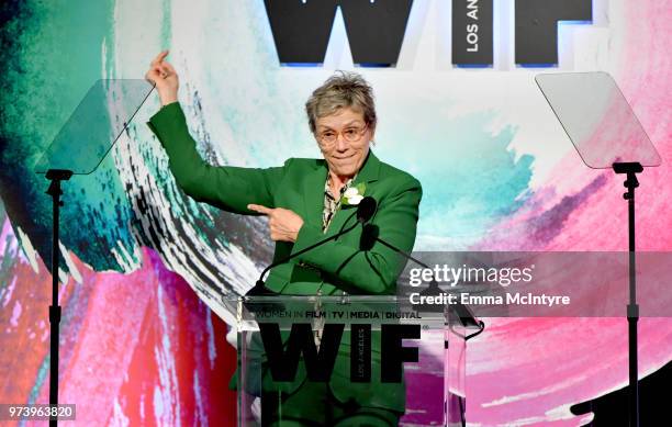 Frances McDormand speaks onstage during the Women In Film 2018 Crystal + Lucy Awards presented by Max Mara, Lancôme and Lexus at The Beverly Hilton...