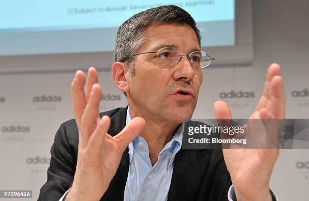 Herbert Hainer, chief executive officer of Adidas AG, gestures during the company's press conference to announce their results in Herzogenaurach,...
