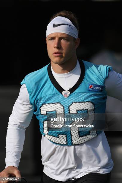 Christian McCaffrey as he walks onto the field during the Carolina Panthers minicamp on June 13 at the Carolina Panthers practice facility in...