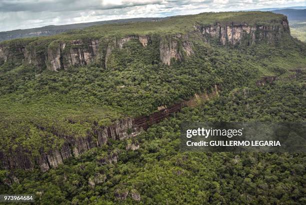 Aerial view of the Serrania de Chiribiquete, located in the Amazonian jungle departments of Caqueta and Guaviare, Colombia, on June 7, 2018. - The 2...