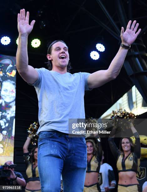 Erik Haula of the Vegas Golden Knights gestures to fans as he is introduced at the team's "Stick Salute to Vegas and Our Fans" event at the Fremont...