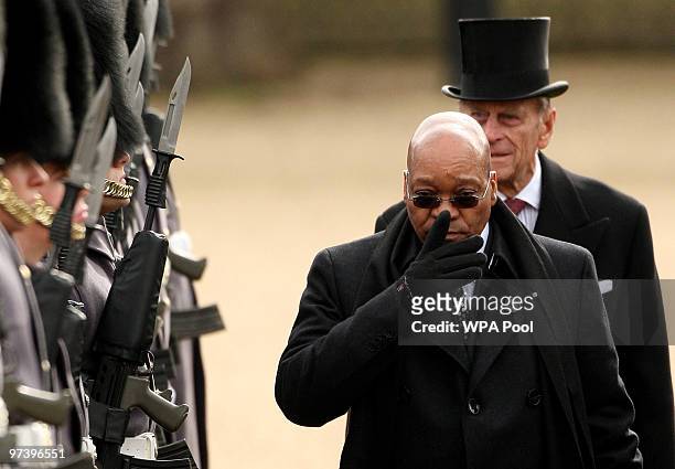 The South African President Jacob Zuma and Prince Philip, the Duke of Edinburgh inspect the troops at the ceremonial welcome on Horseguards Parade,...